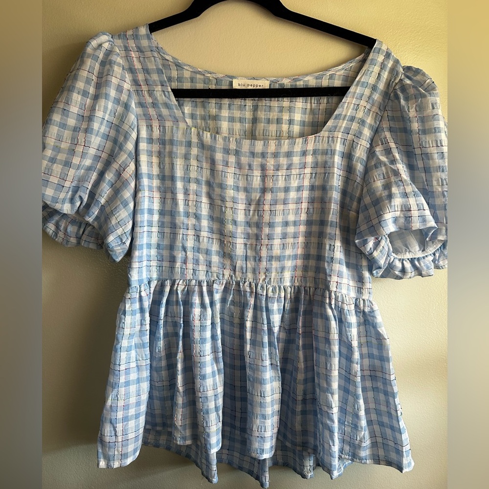 Blu Pepper Light Blue Checkered Puff Sleeve top